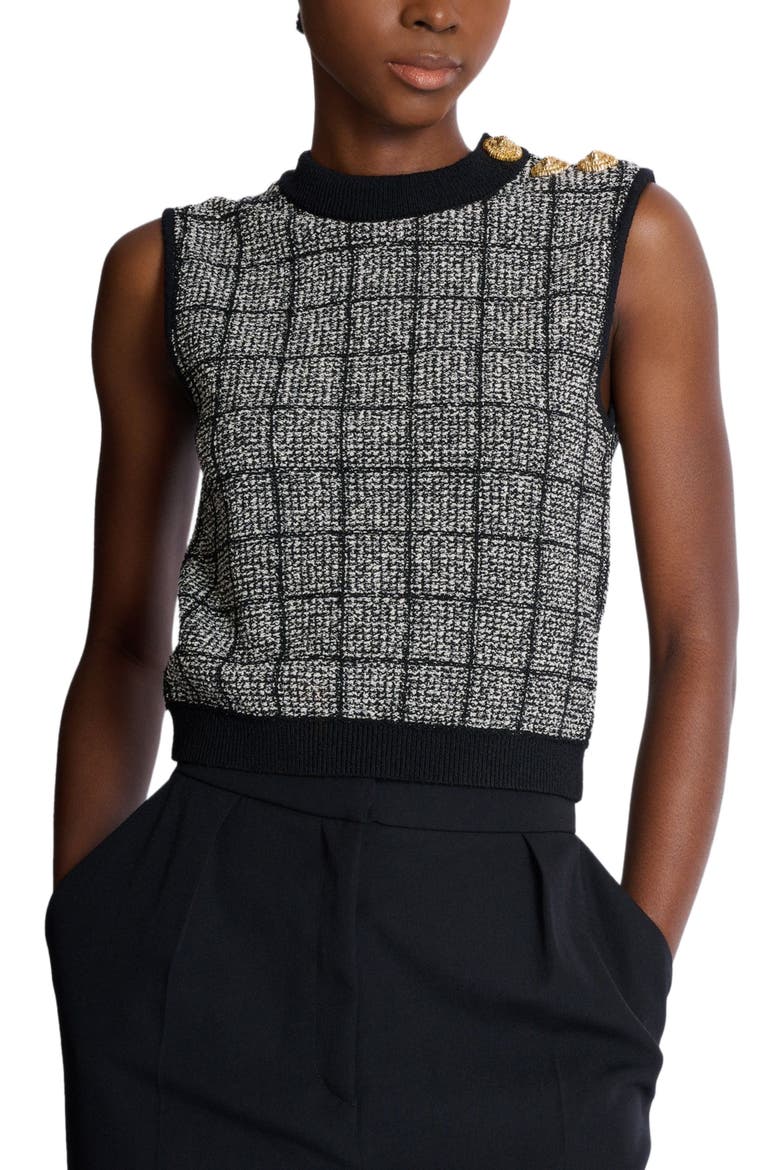 Tweed crop top with buttons, Main, color, black