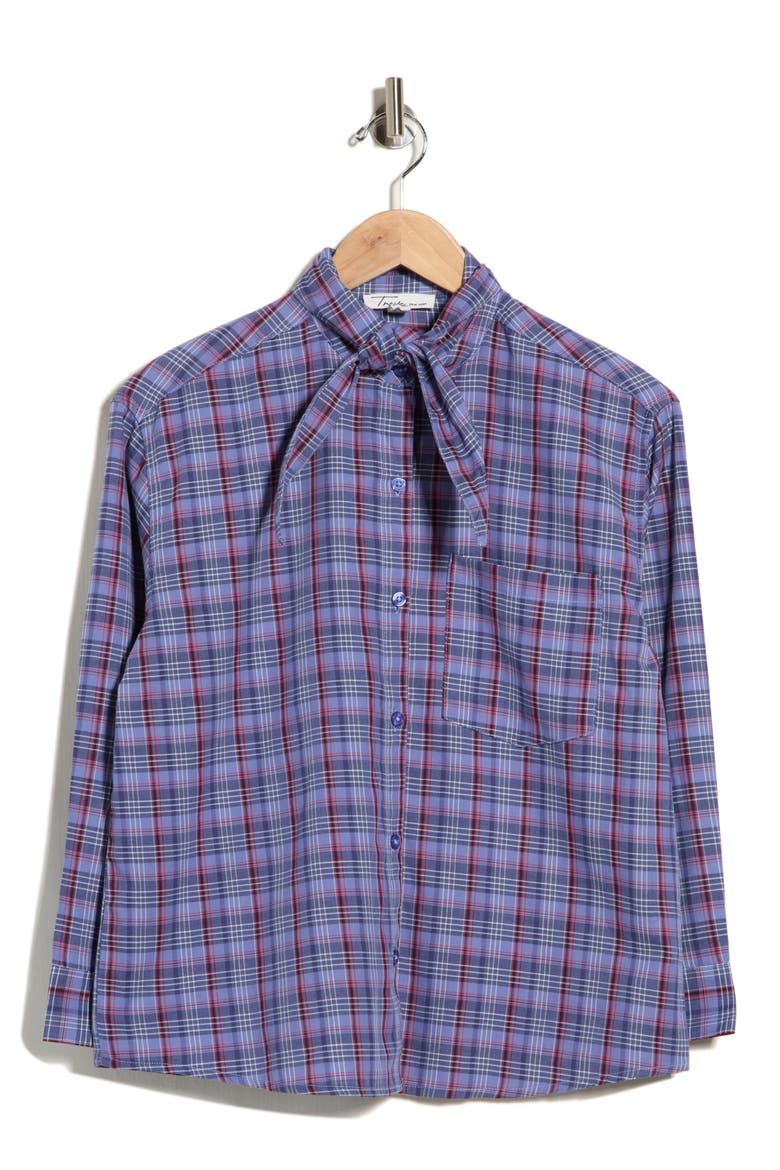 Plaid Tie Neck Shirt, Alternate, color, FROZEN BLUEBERRY