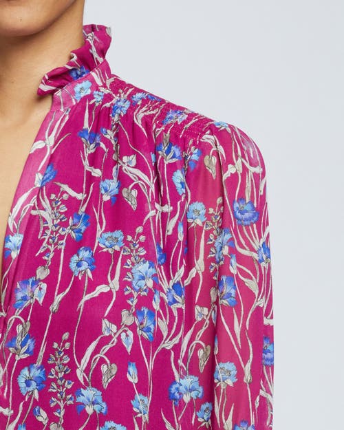 Santorelli Floral Print Smocked Shoulder Blouse In Dark Magenta