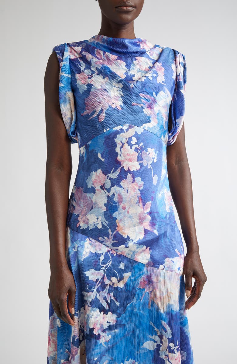 Erdem Floral Print Sleeveless Crinkled Satin Midi Dress, Alternate, color, Artist Garden Pale Cobalt