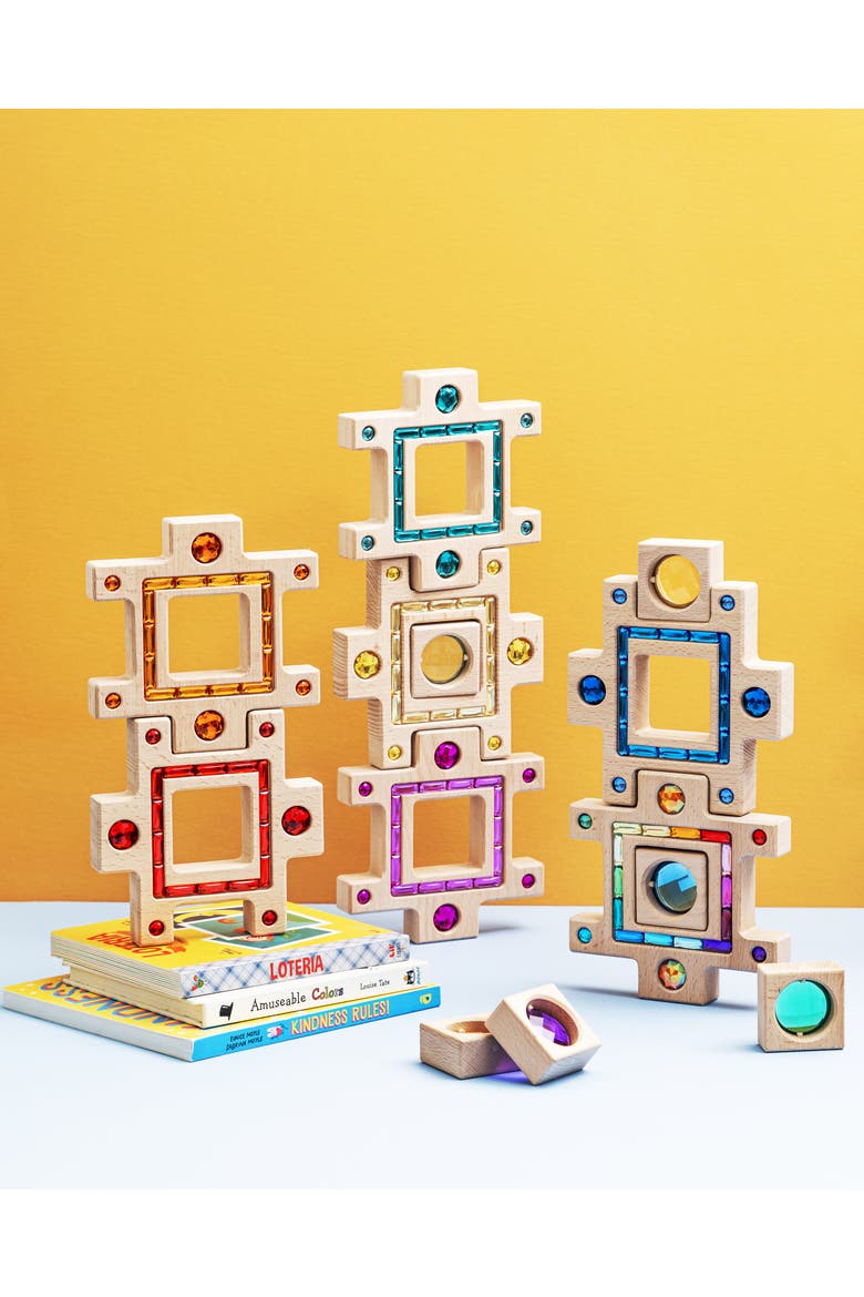 Busy Large Interlocking Wooden Building Blocks with Acrylic Inlays - 16 Pieces, Alternate, color, Multicolor