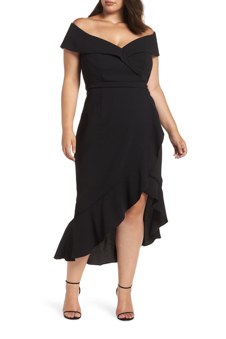 Xscape Off the Shoulder Ruffle Midi Dress, Main, color, BLACK