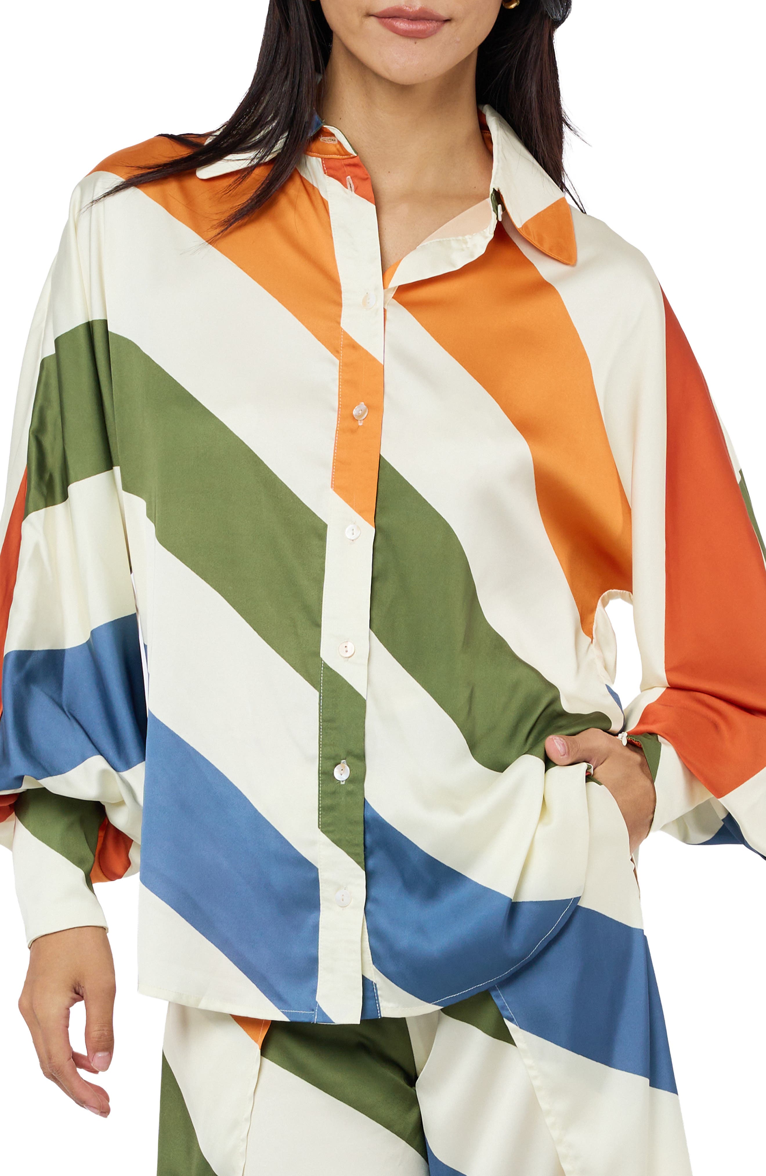 Kenia Stripe Satin Chiffon Button-Up Shirt