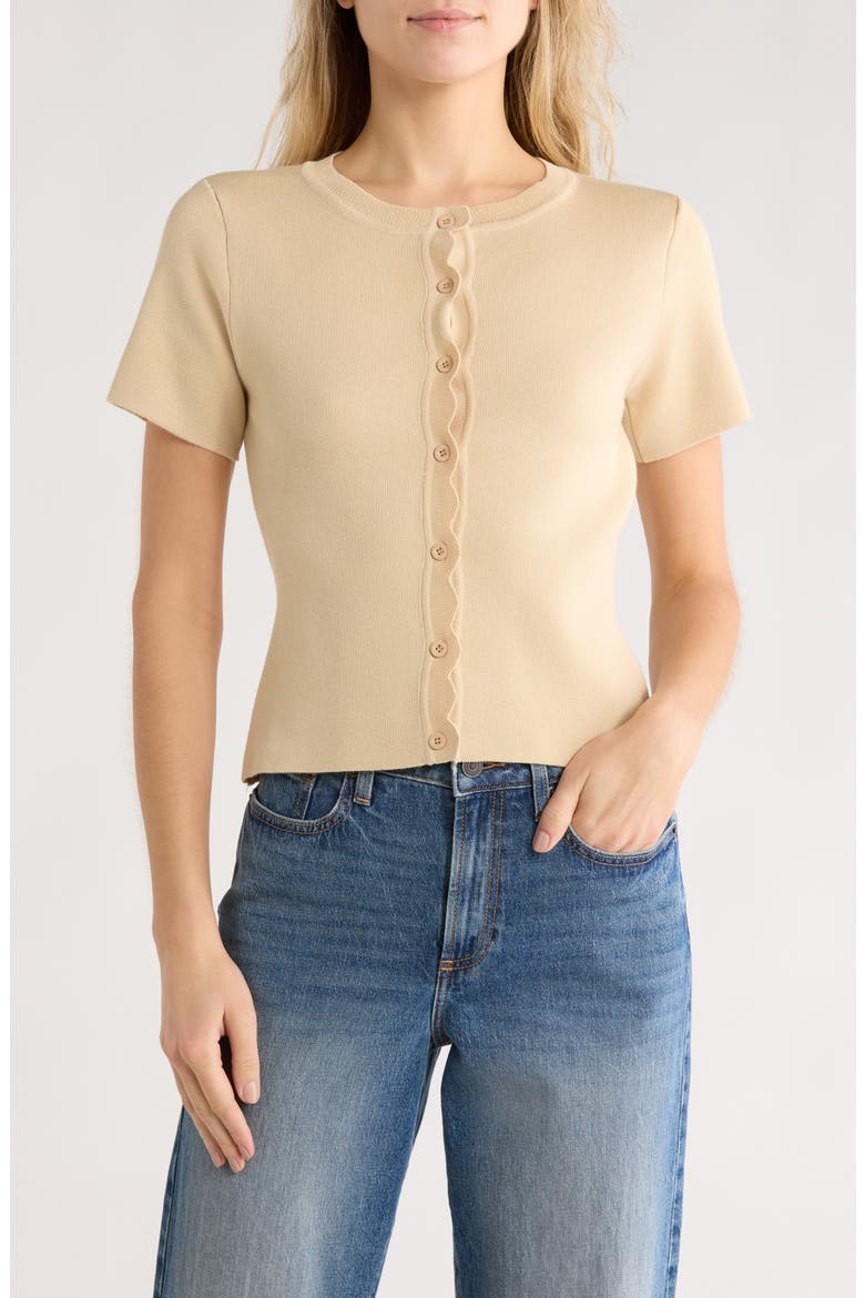 Scallop Short Sleeve Knit Cardigan, Main, color, SAND