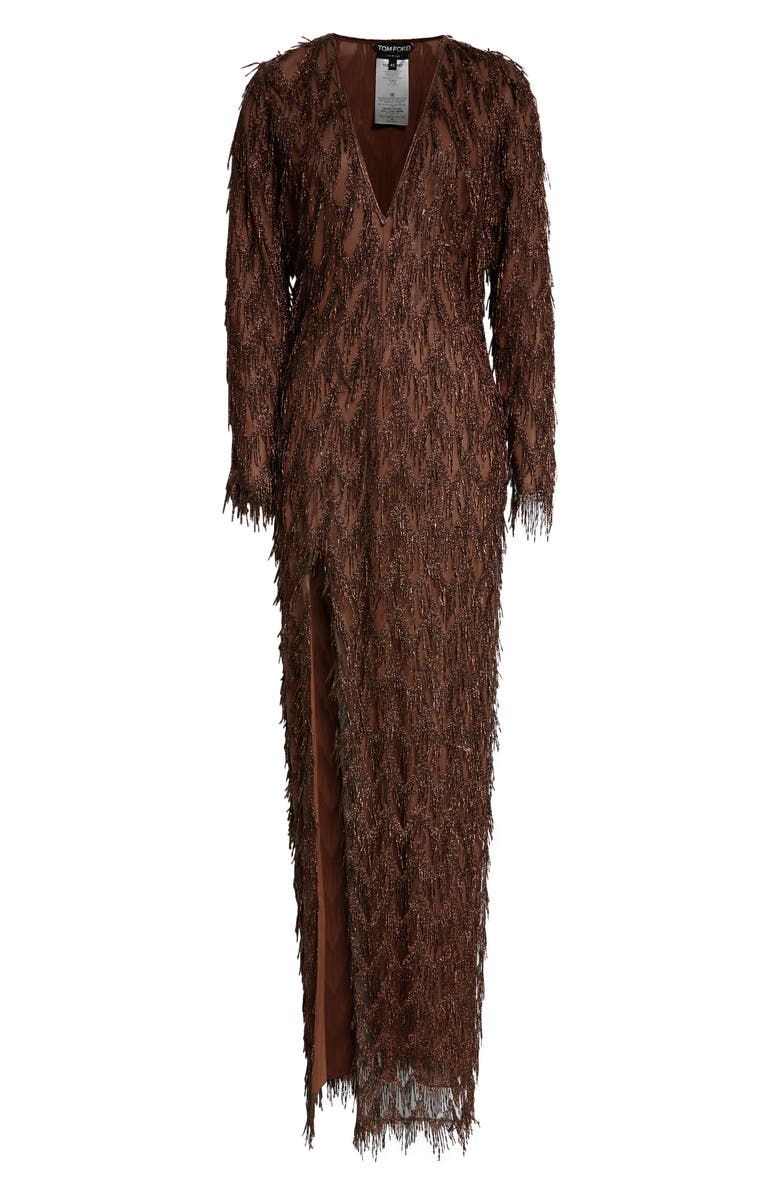 TOM FORD Long Sleeve Metallic Chevron Fringe Gown, Alternate, color, 