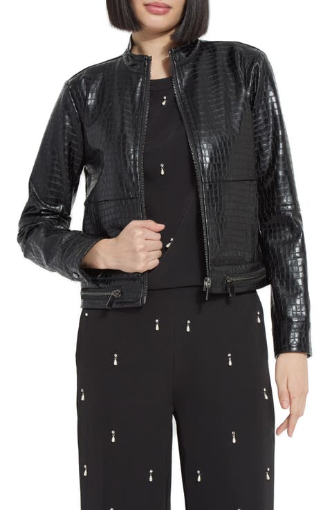 Yara Croc Embossed Faux Leather Moto Jacket