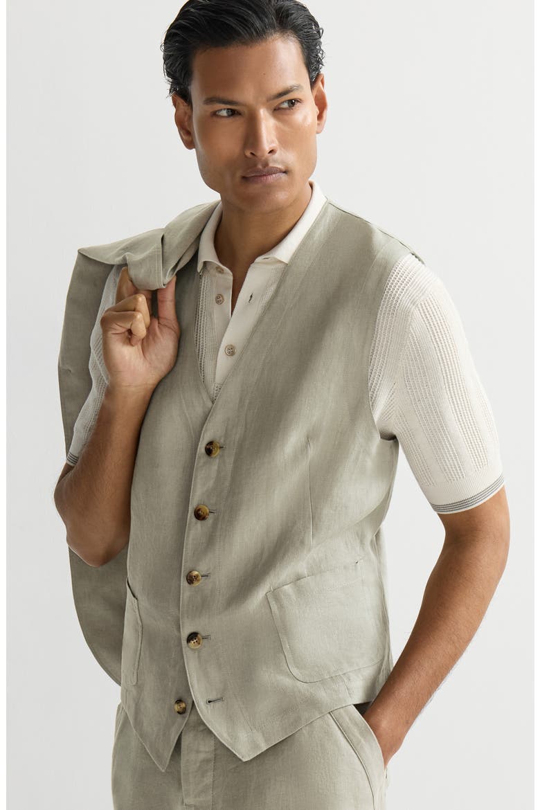 Linen micro chevron waistcoat, Alternate, color, Sage