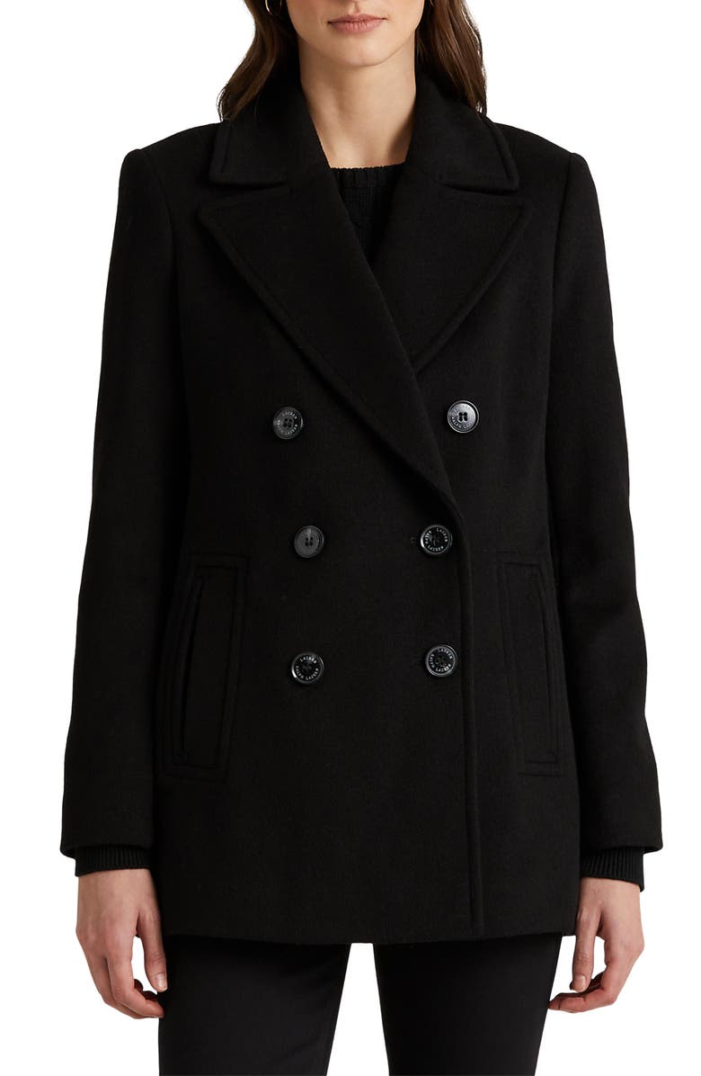 Lauren Ralph Lauren Double Breasted Wool Blend Peacoat, Main, color,