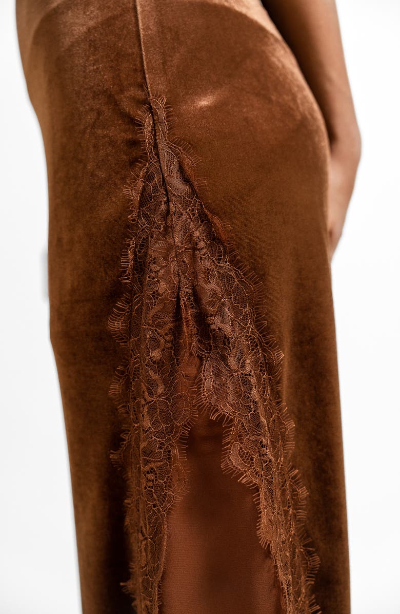 Beivy Lace Trim Velvet Slipdress, Alternate, color, Brown