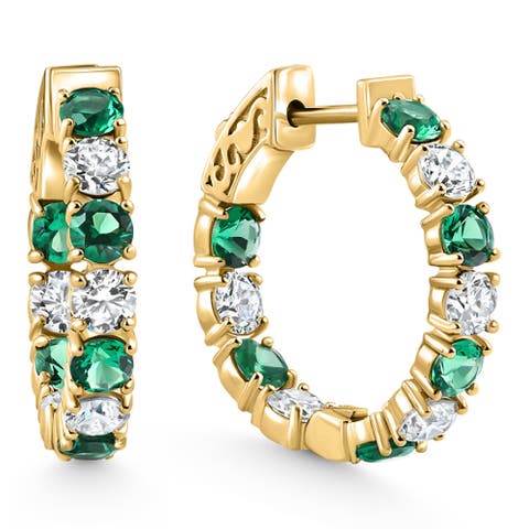 4 1/2Ct Emerald & Diamond Hoops or Gold Lab Grown 1" Tall
