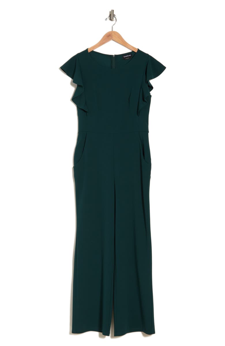bebe Ruffle Scuba Jumpsuit, Alternate, color, Hunter