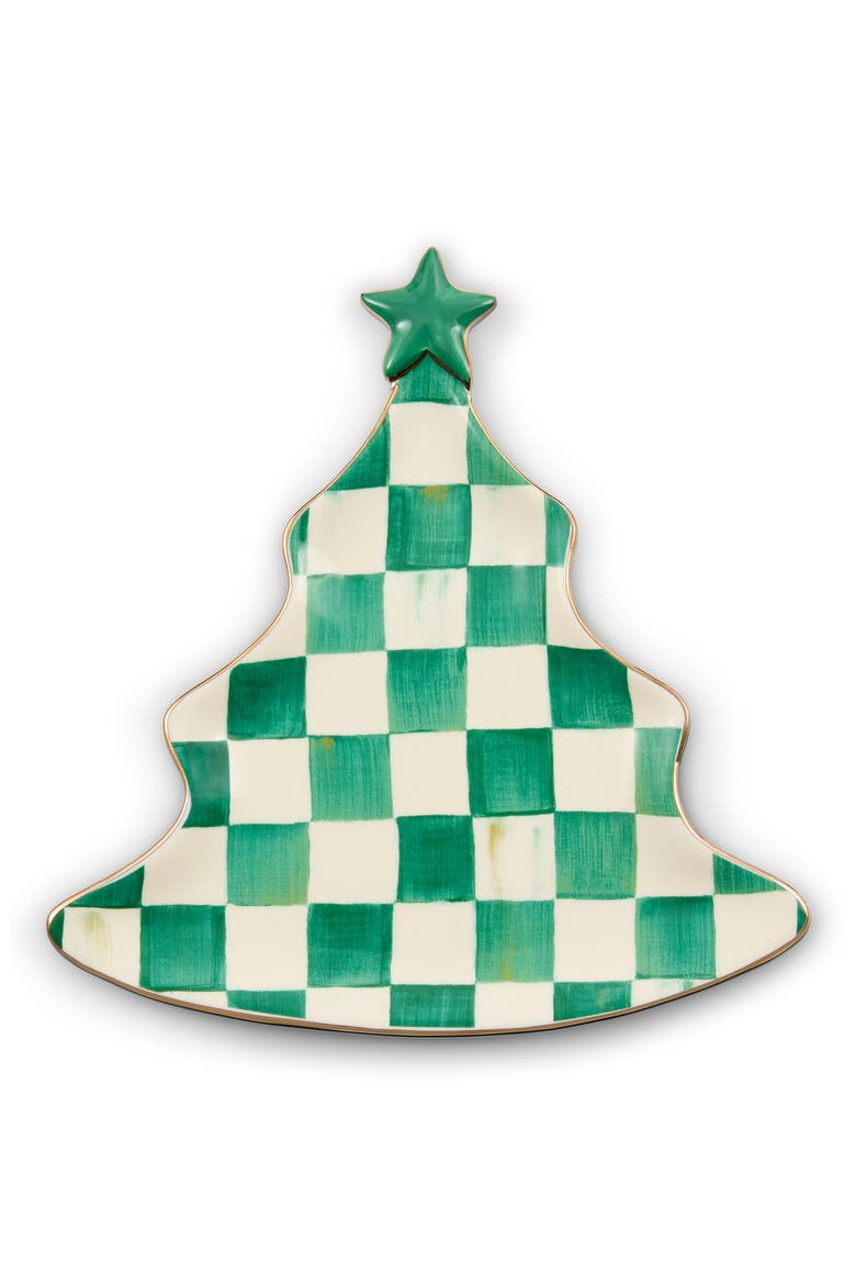 Emerald Check Christmas Tree Trinket Tray, Main, color, GREEN