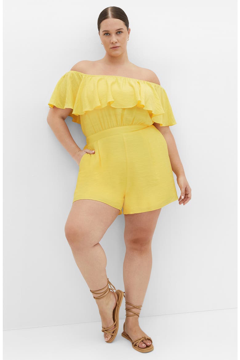 Serene Ruffl Off-the-Shoulder Romper, Alternate, color, SUNSHINE