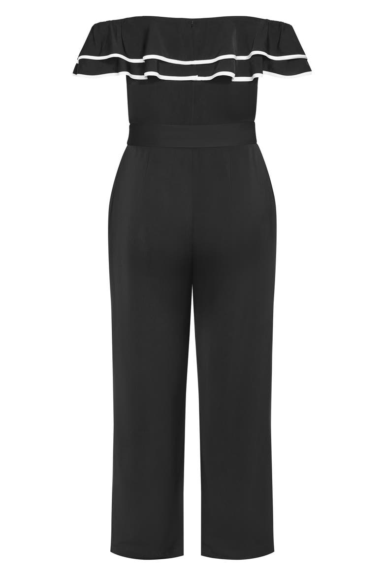 Demure Frill Off the Shoulder Jumpsuit, Alternate, color, BLACK