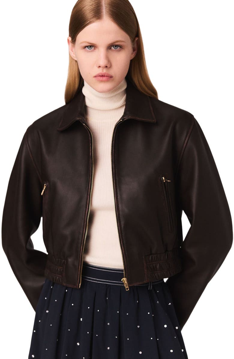 maje Vintage leather cropped jacket, Alternate, color, 