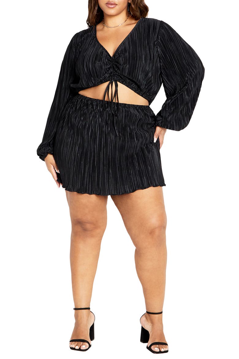 Hailee Plissé Cutout Long Sleeve Minidress, Main, color, BLACK