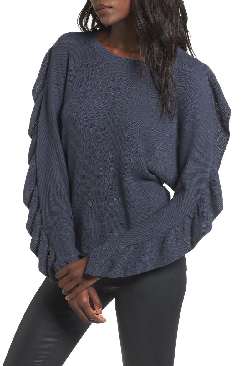 Ruffle Sleeve Sweater, Main, color, NAVY INDIA INK