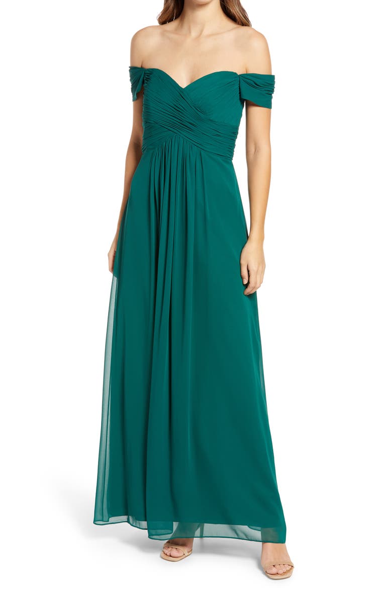 Off the Shoulder Chiffon A-Line Gown, Alternate, color, HUNTER