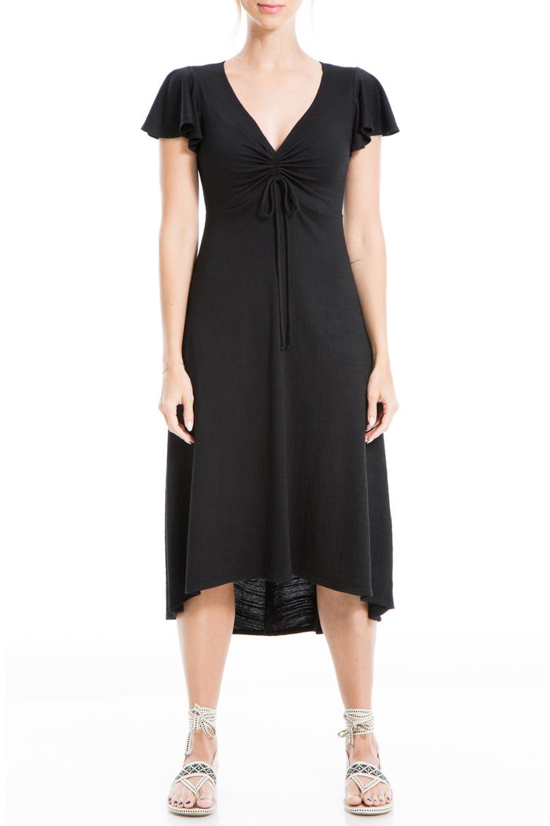 Cinched Front Flutter Sleeve Midi Dress, Main, color, BLACK
