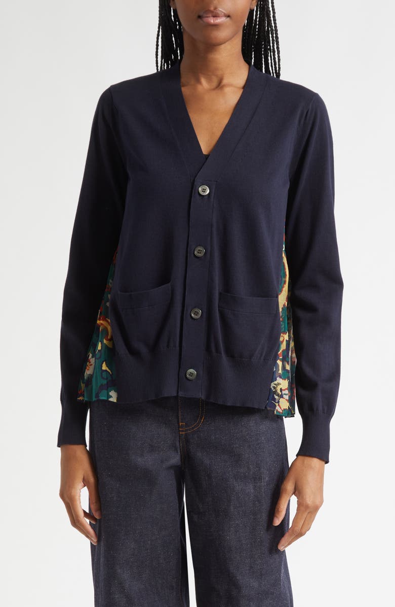 Sacai Floral Panel Mixed Media Cardigan, Main, color, Navy/ Green