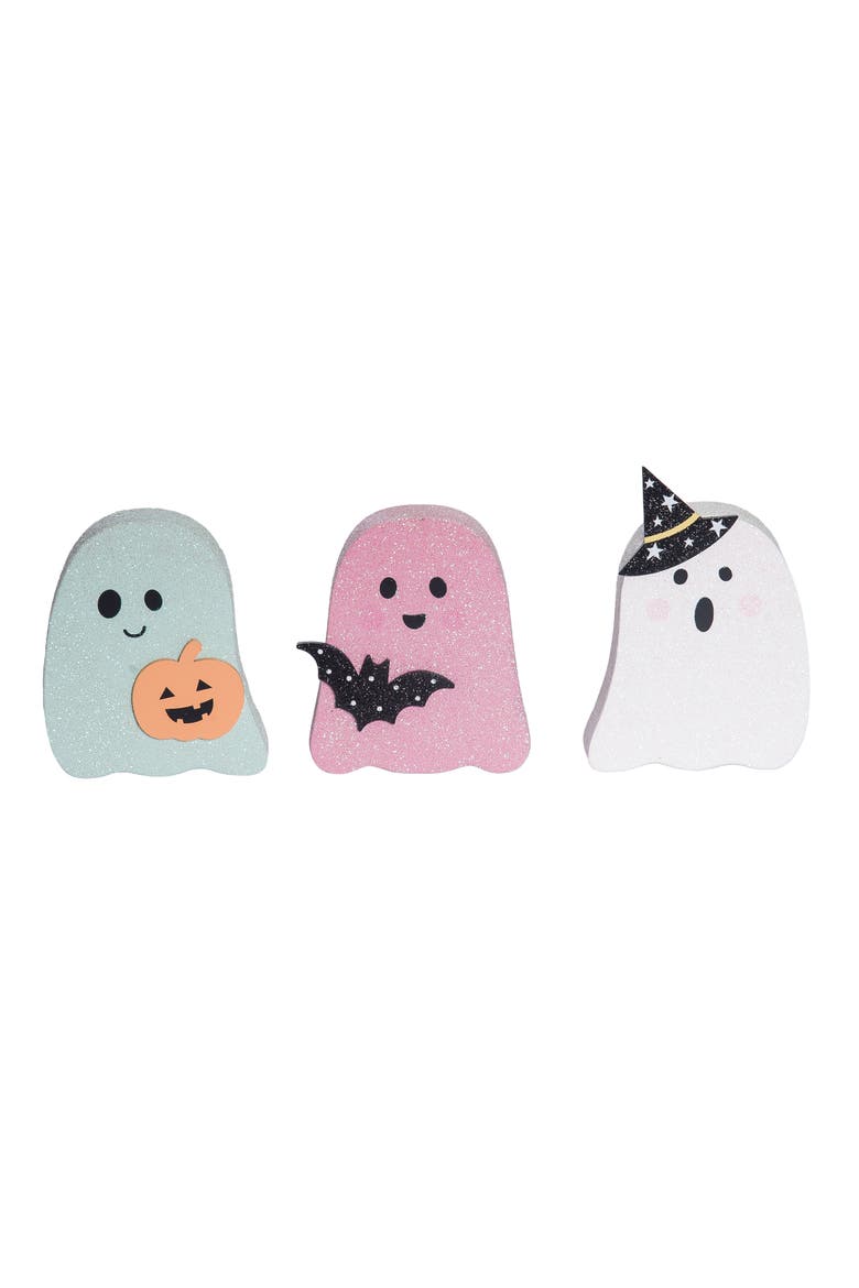 MDF Glitter Ghost Set of 3 Decorative Sculptures for Halloween Indoor Use Multicolor Tabletop Decor, Main, color, Multicolored