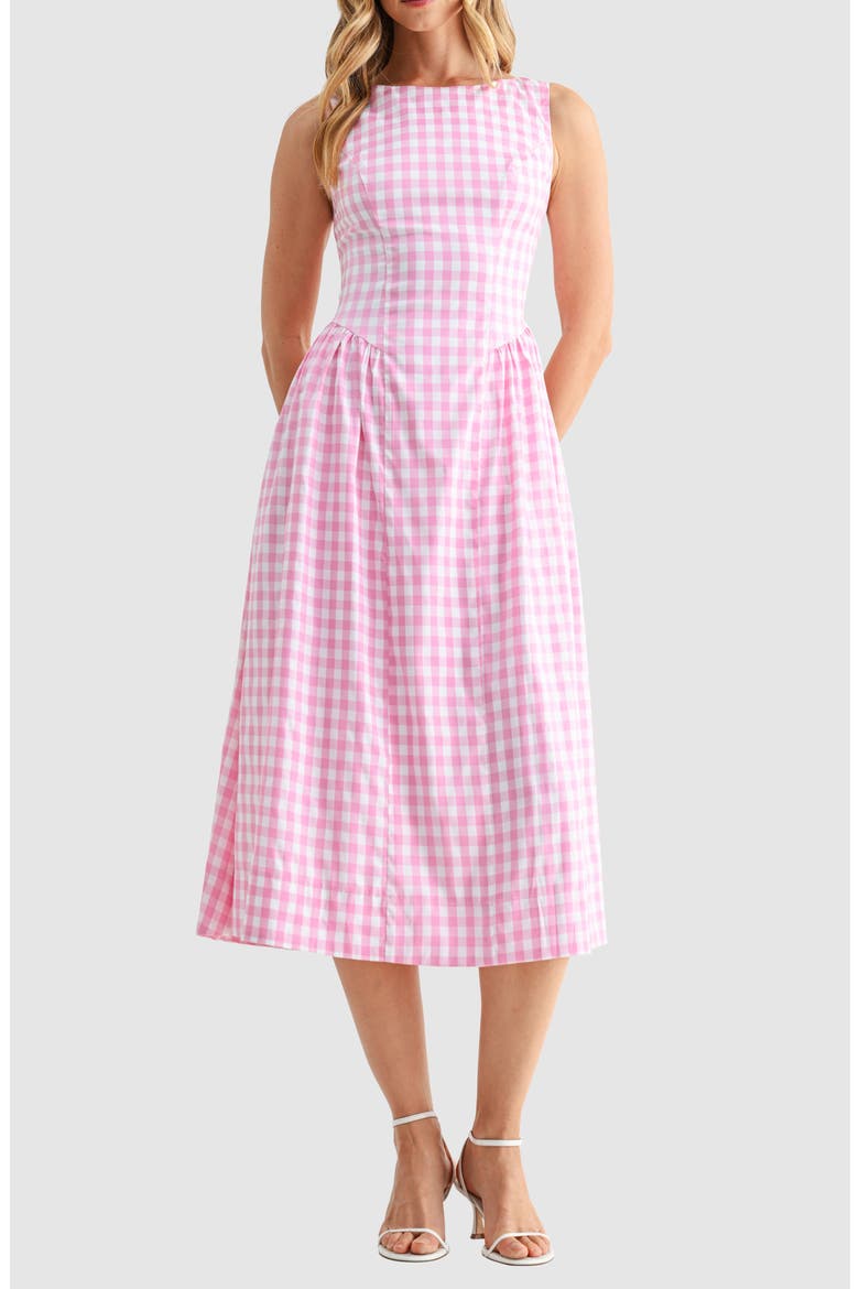Gingham Fit & Flare Midi Dress, Main, color, PINK GINGHAM