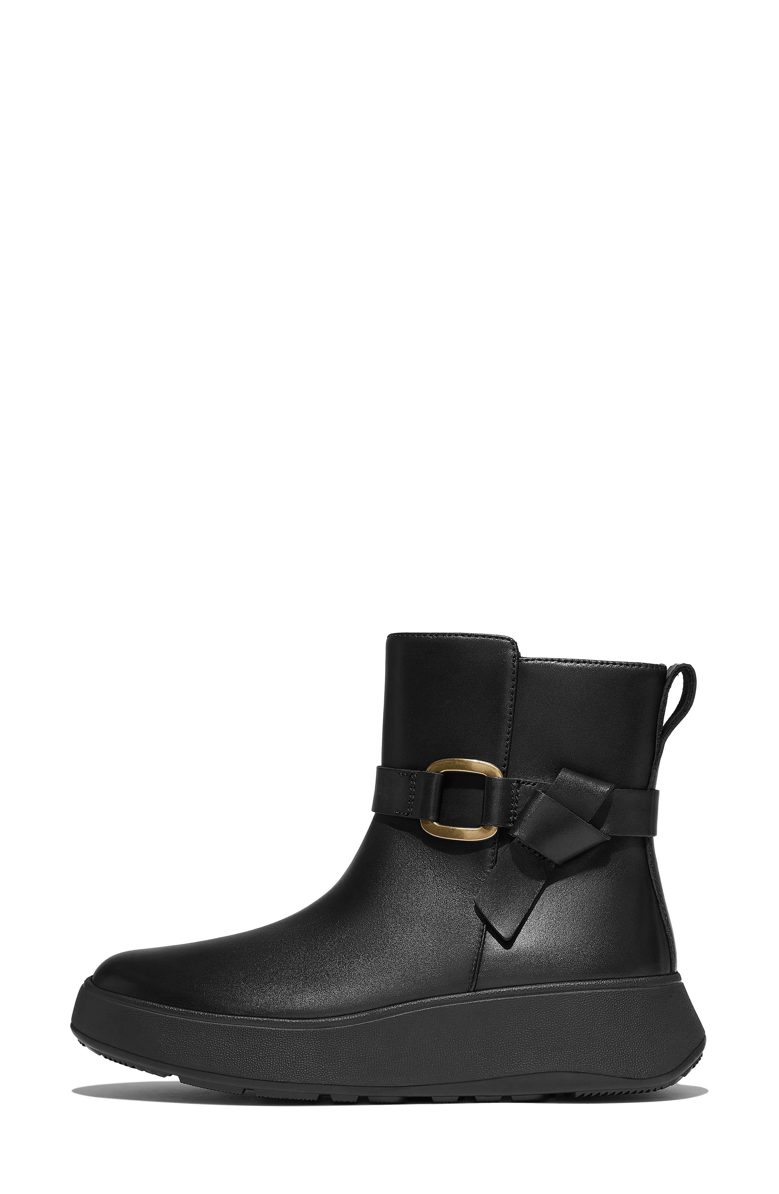 F-Mode Square-Ring Leather Bootie, Alternate, color, BLACK