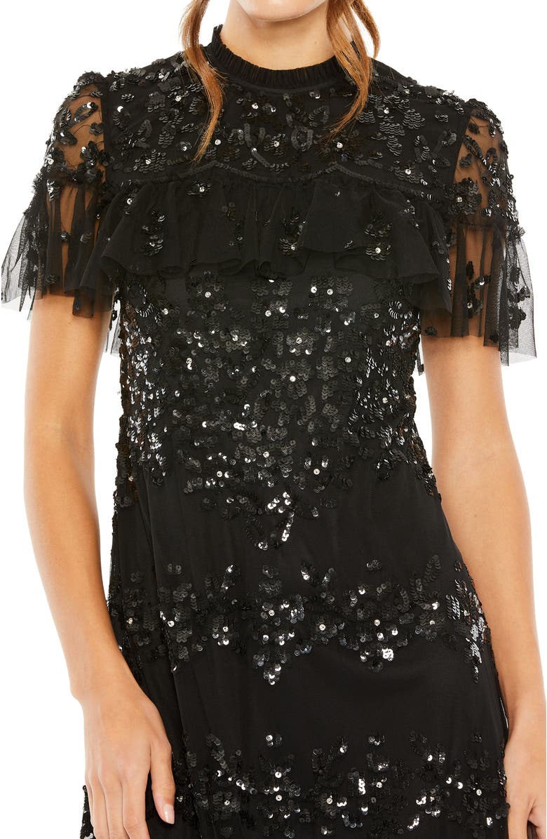 Mac Duggal Women's Sequined High Neck Ruffled Flutter Sleeve Midi Dress, Alternate, color, Black