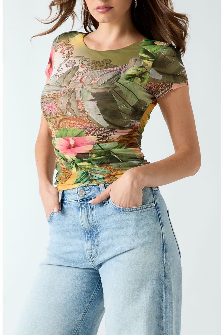 Hani Ruched Mesh T-Shirt, Main, color, GREEN MULTI
