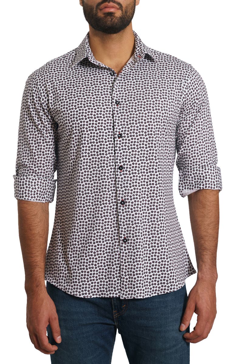Jared Lang Trim Fit Dot Print Button-Up Shirt, Main, color, White Polka Dot