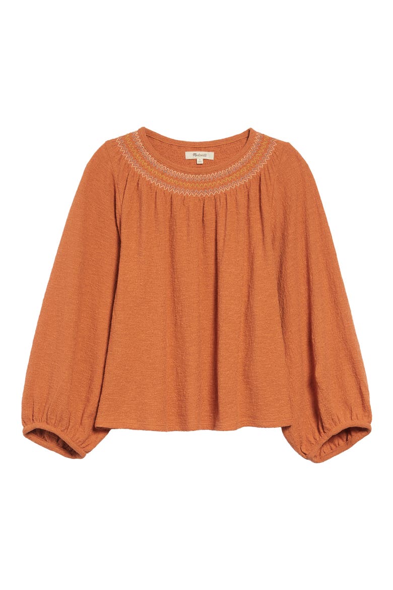 Embroidered Smocked Superlight Jacquard Top, Main, color, MULLED CIDER