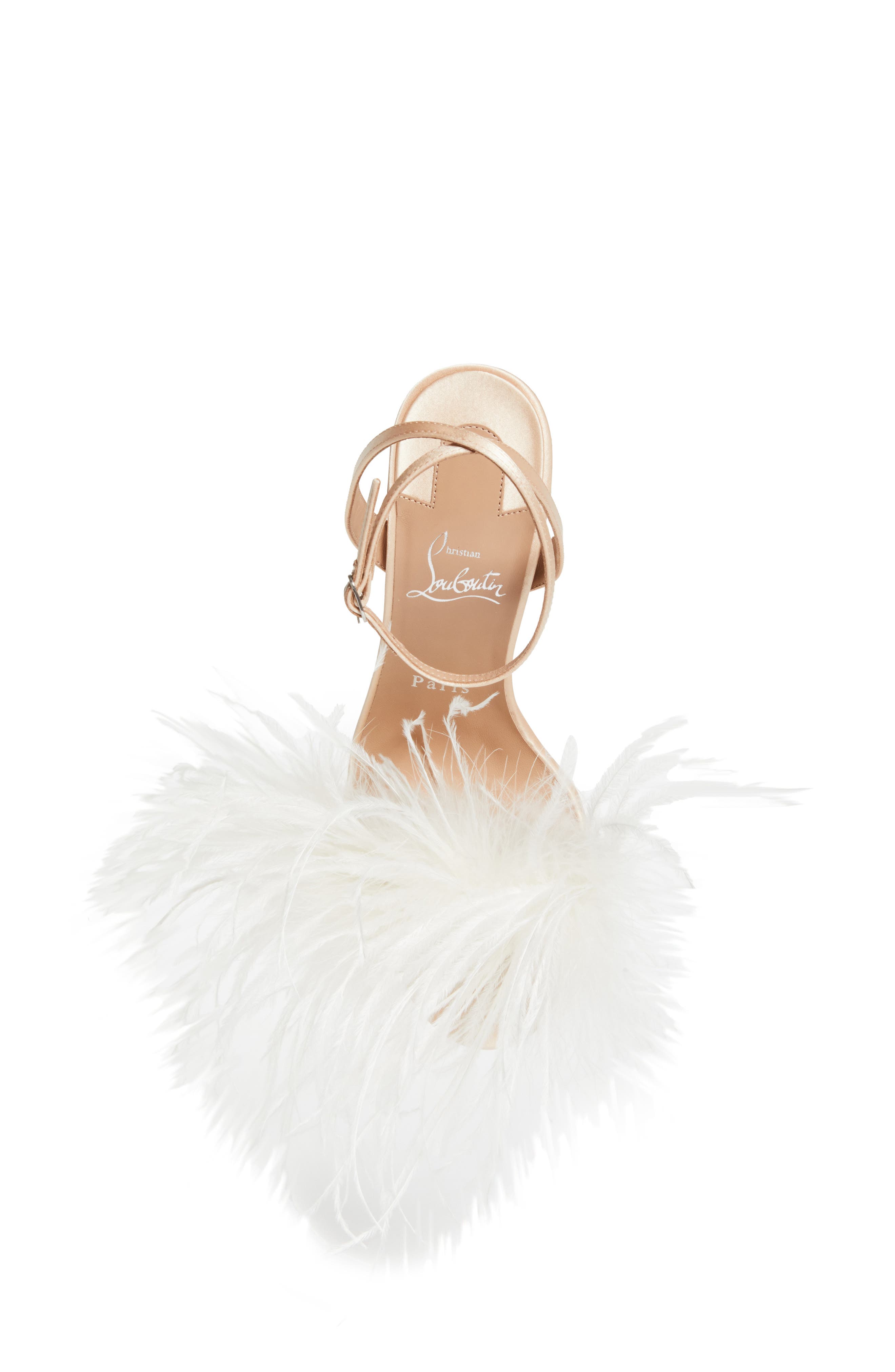 Christian Louboutin Miss Z Loubipoupi Feather Embellished Ankle Strap Sandal, Alternate, color, Blush/ Ivory