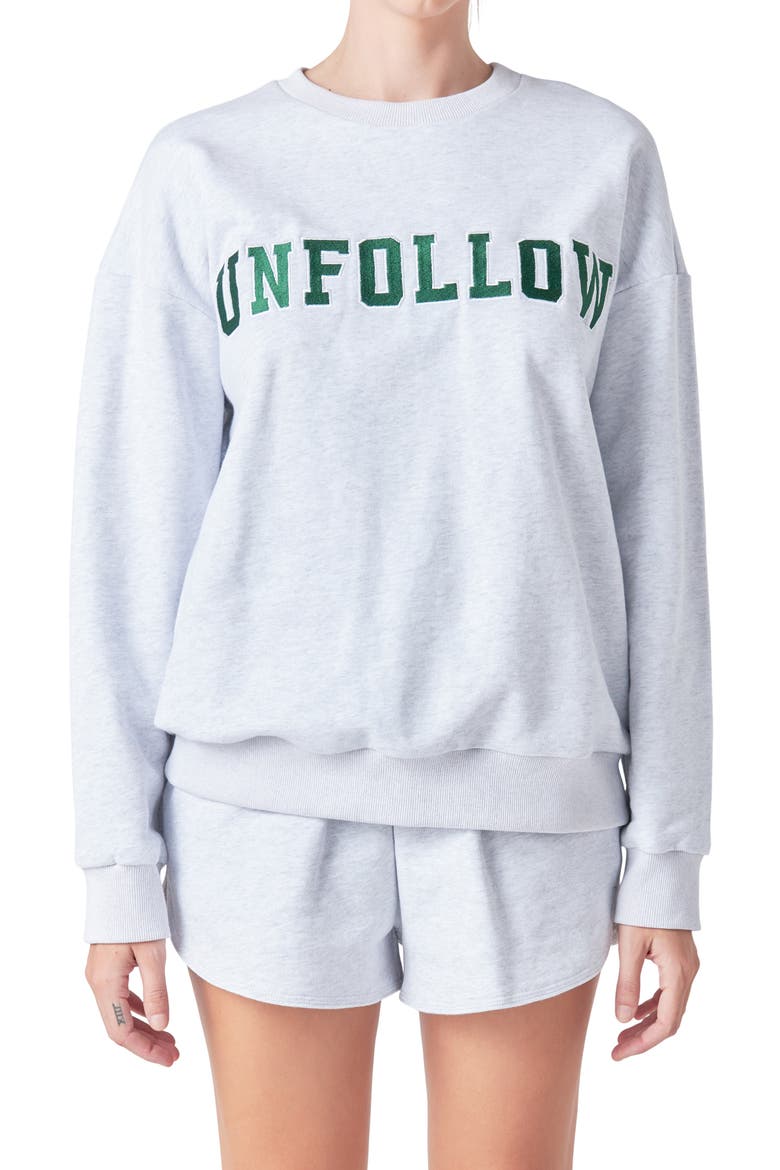 Unfollow Appliqué Graphic Sweatshirt, Main, color, HEATHER GREY