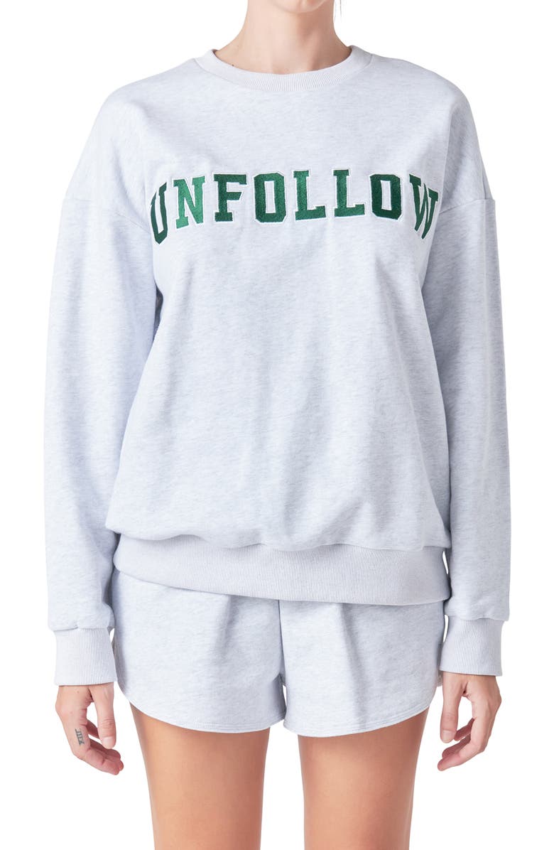 Grey Lab Unfollow Appliqué Graphic Sweatshirt, Main, color, Heather Grey