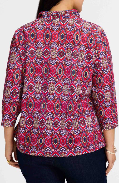 Foxcroft Tammy Tile Print Ruffle Collar Jersey Top In Red/multi