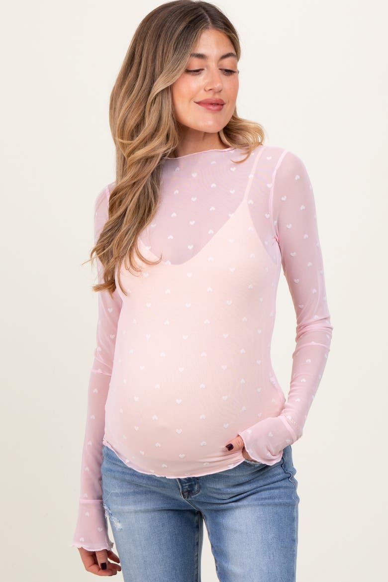 Mesh Heart High Neck Long Sleeve Top, Main, color, Light Pink