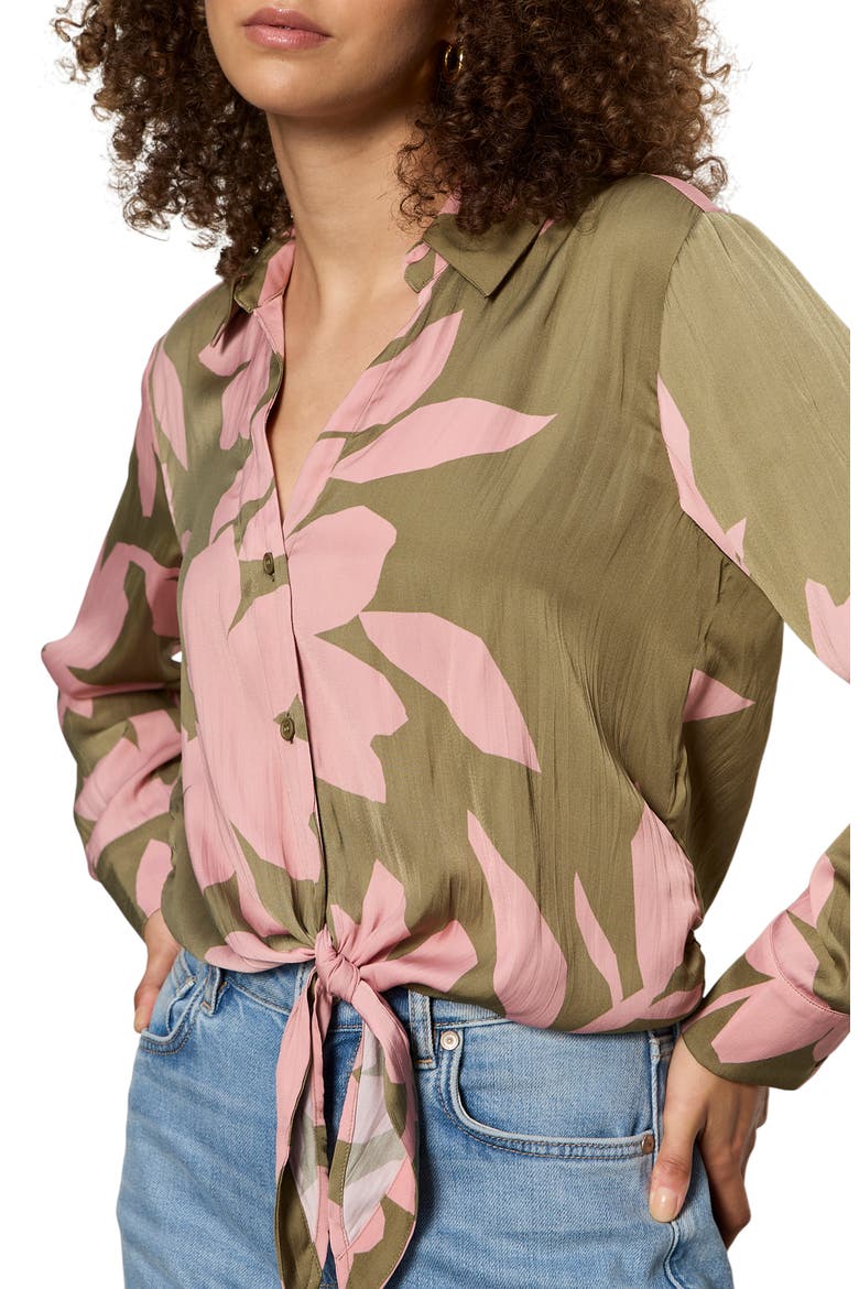 Lover Print Tie Hem Crop Sateen Shirt, Alternate, color, PINK SILHO