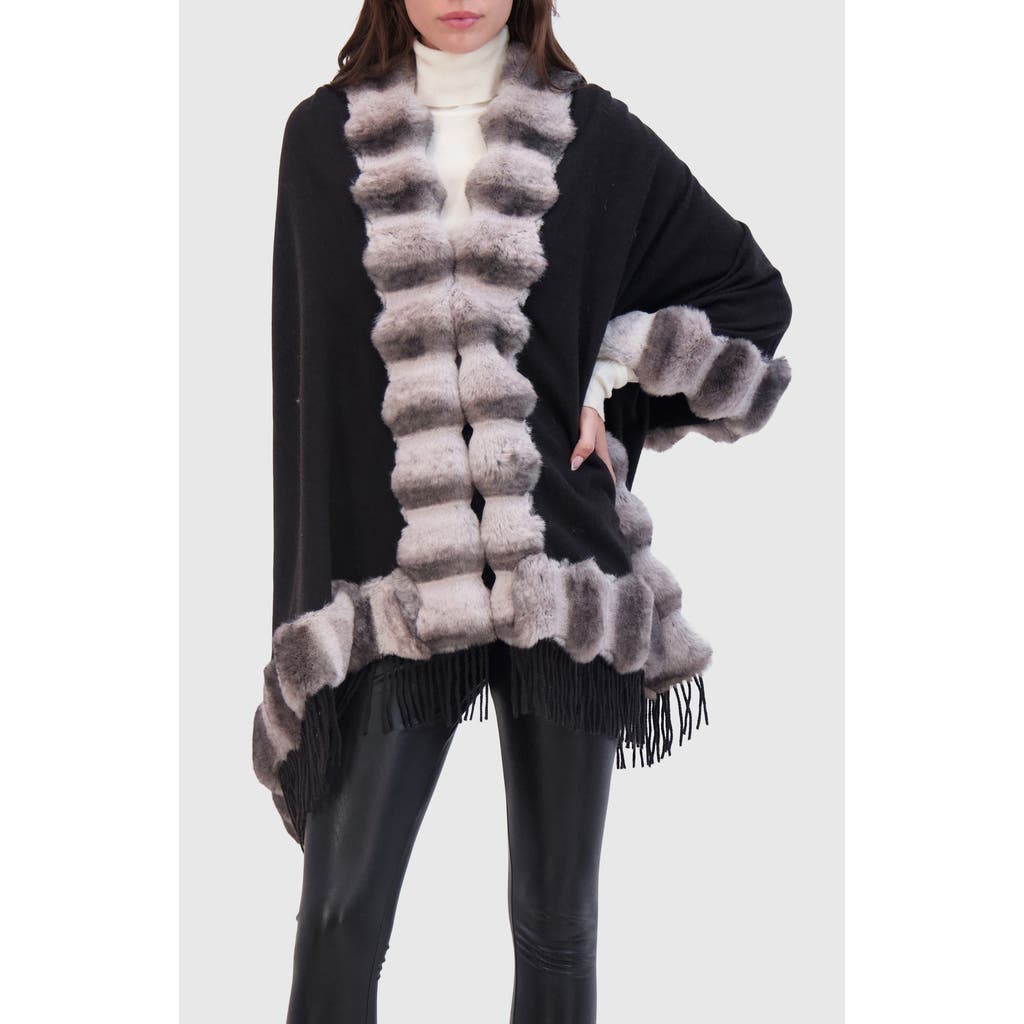 Lyla Grant Cashmere & Wool Blend Cape With Fur-free Chinchilla (faux Fur) Trim) In Black