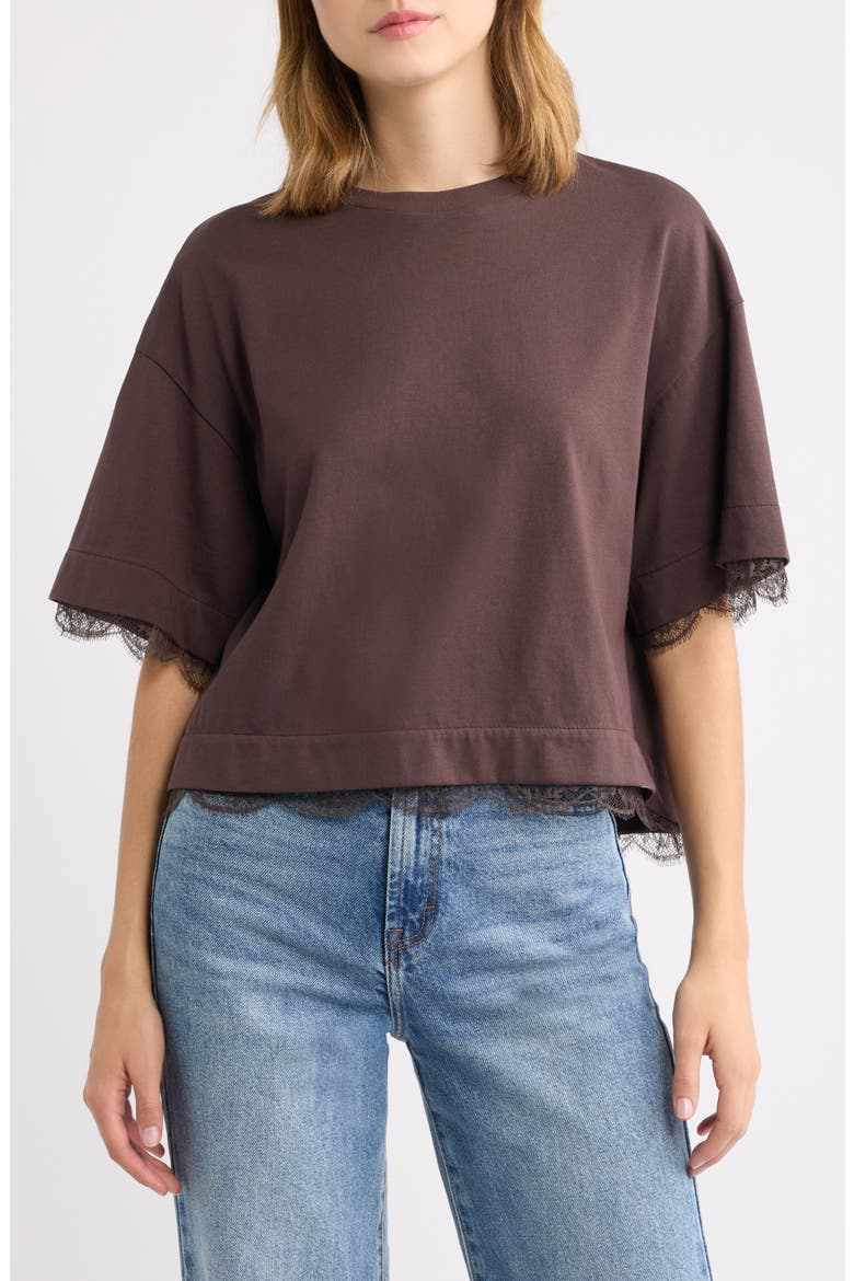 Nia Lace Trim T-Shirt, Main, color, PLUM BROWN