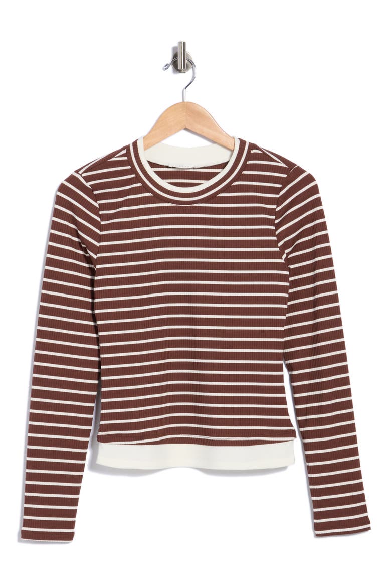 Striped Long Sleeve Crewneck Knit Top, Main, color, BROWN CREAM STRIPE