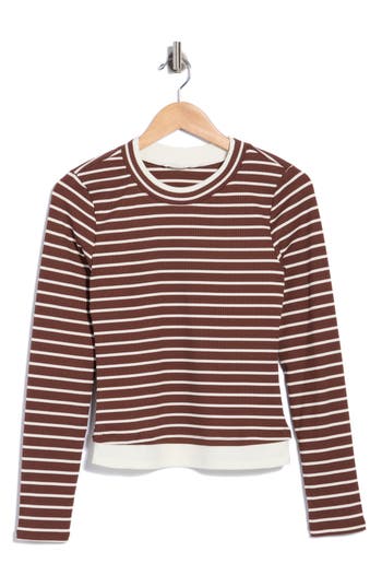 Lush Striped Long Sleeve Crewneck Knit Top In Brown Cream Stripe