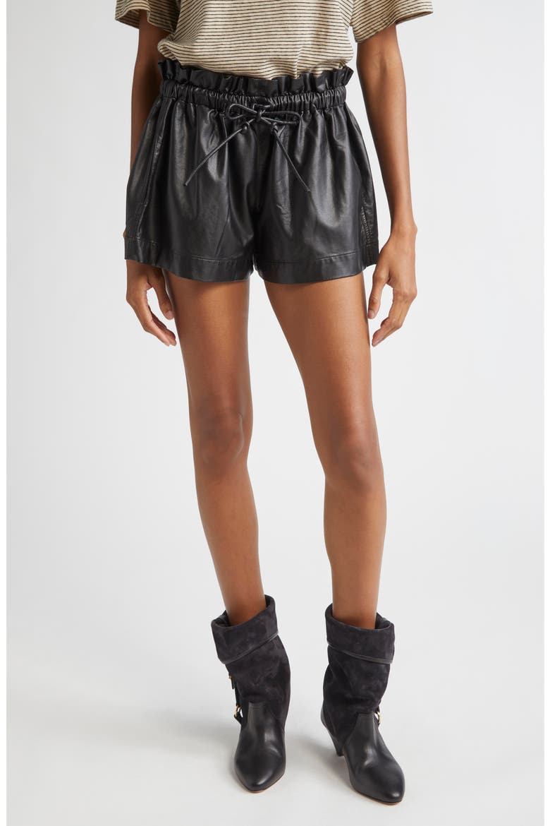Naline Paperbag Waist Faux Leather Shorts, Main, color, BLACK