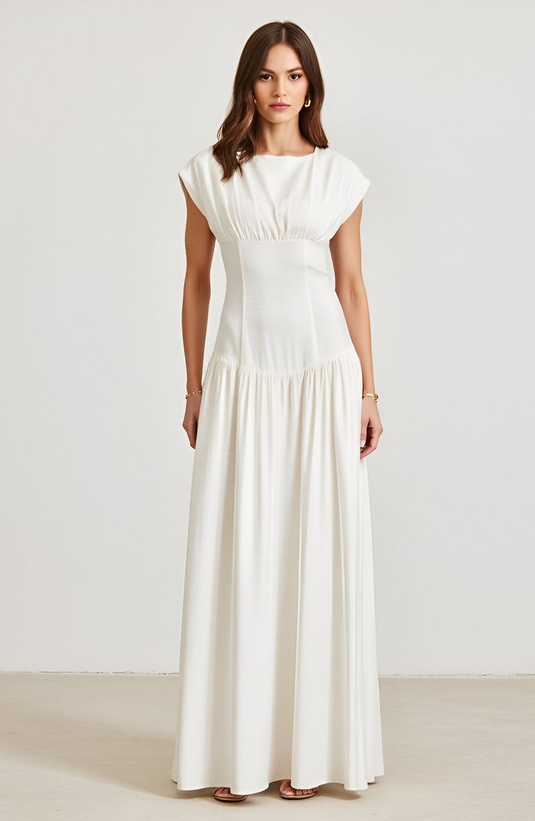 Modenaire Cap-Sleeve Maxi Dress with Lace-Up Back, Main, color, 