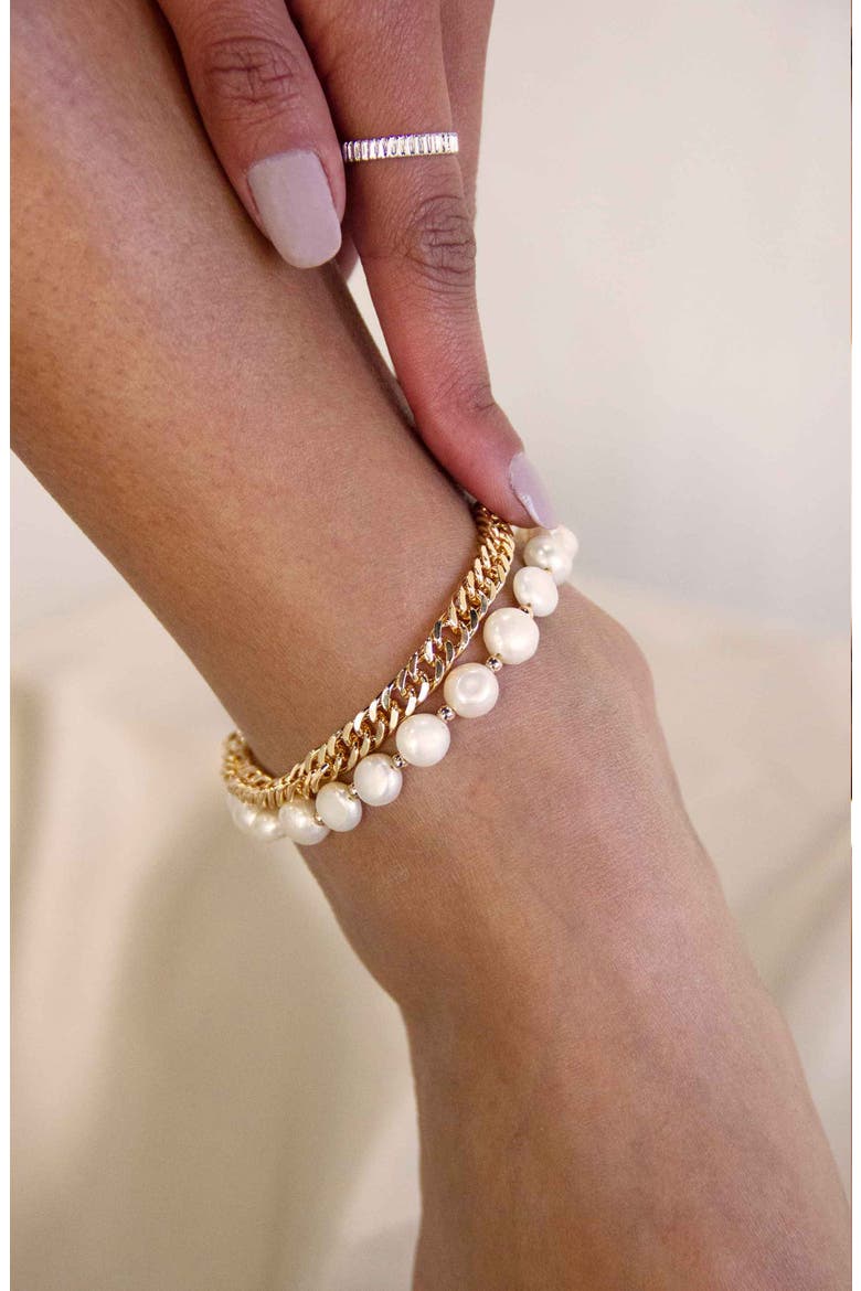 Set of 2 Cultured Freshwater Pearl & Curb Chain Anklets, Alternate, color, GOLD