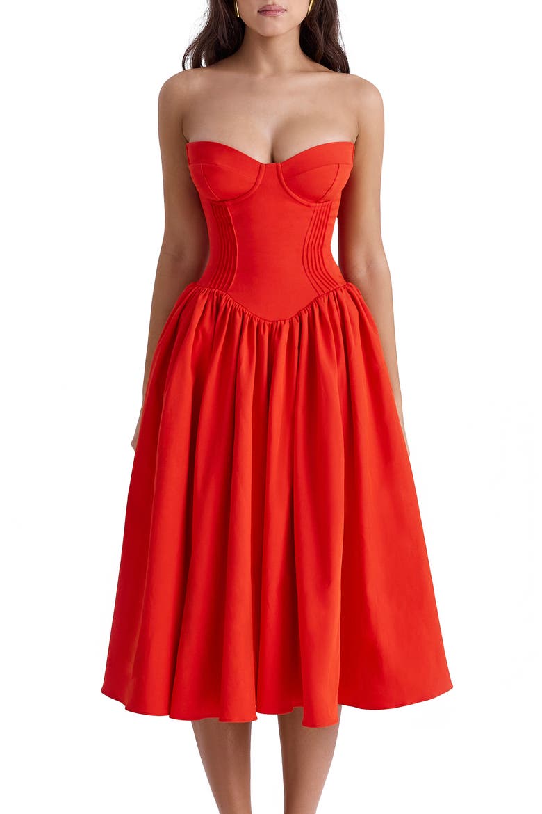 Elizabeth Strapless Corset Fit & Flare Midi Dress, Alternate, color, FLAME SCARLET
