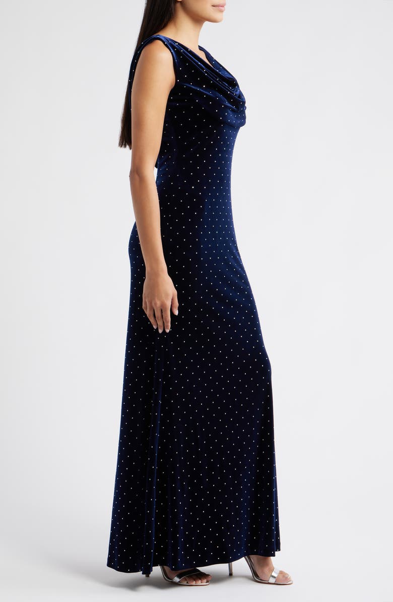 Eliza J Cowl Neck Sleeveless Velvet Gown, Alternate, color, Navy