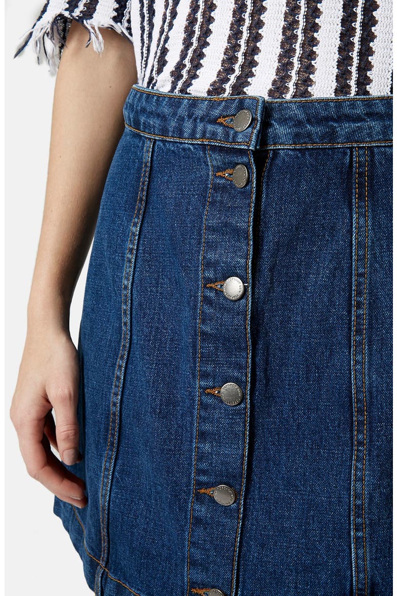Moto Button Front Denim Miniskirt, Alternate, color, MID DENIM