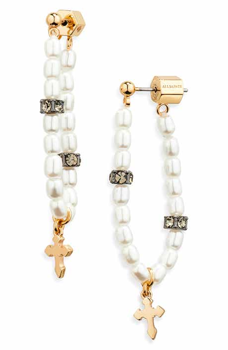 AllSaints Faux Pearl Bead Cross Loop Drop Earrings