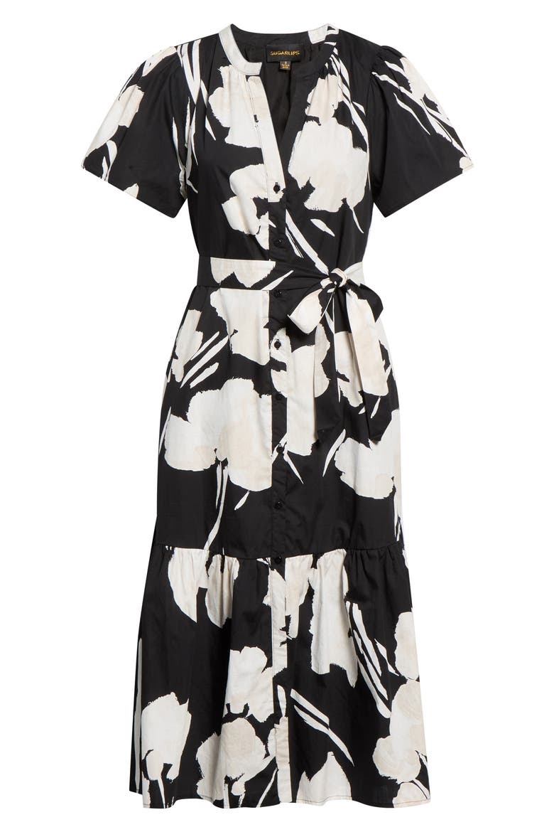 Shadow Floral Cora Button-Up Cotton Midi Dress, Alternate, color, CREAM BLACK