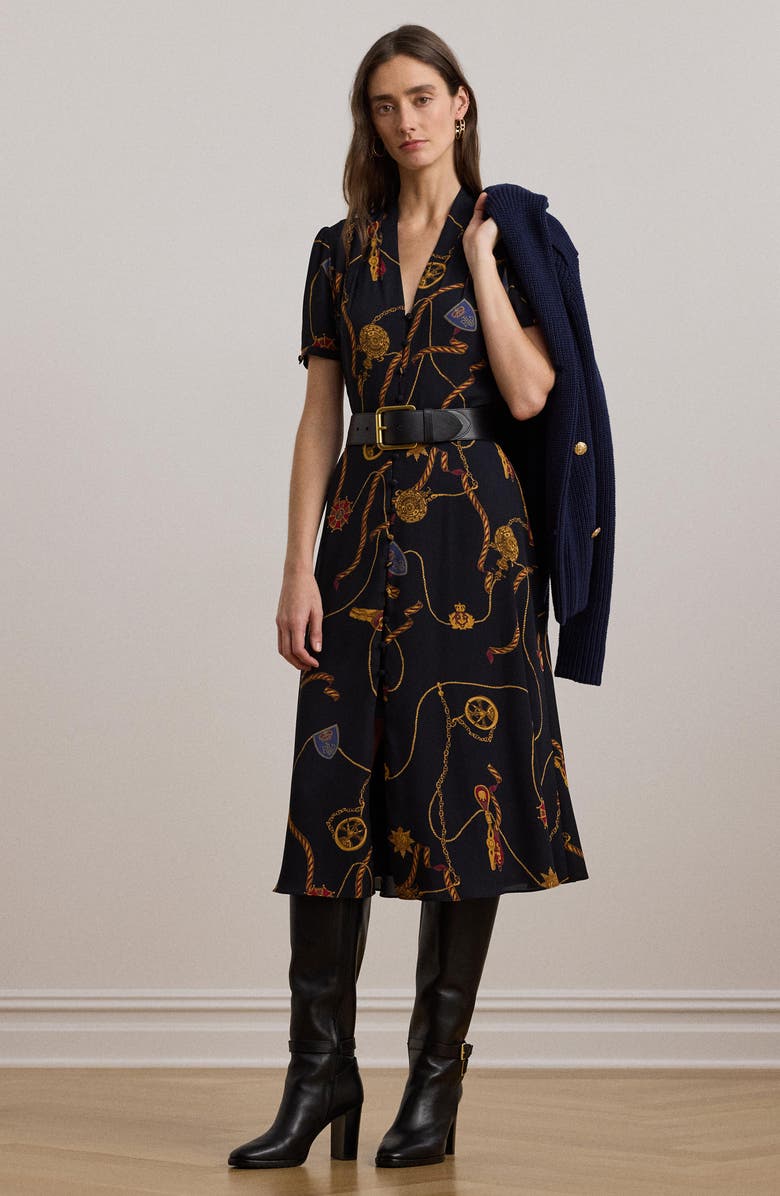 Lauren Ralph Lauren Nautical Print Belted Georgette Shirtdress, Alternate, color, Navy Multi